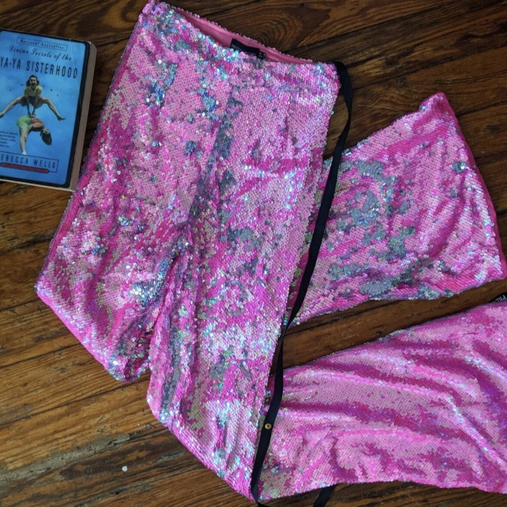 PLT Hot Pink Iridescent Sequin High Waisted Flare Leg Disco Pants XS - Picture 5 of 5